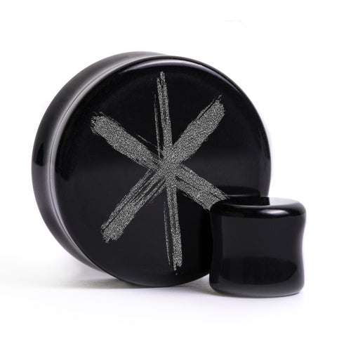 Stärke Rune Viking Plug / gauge - Schwarzes Glas | Doppelaufgeweitet mit flachem Gesicht