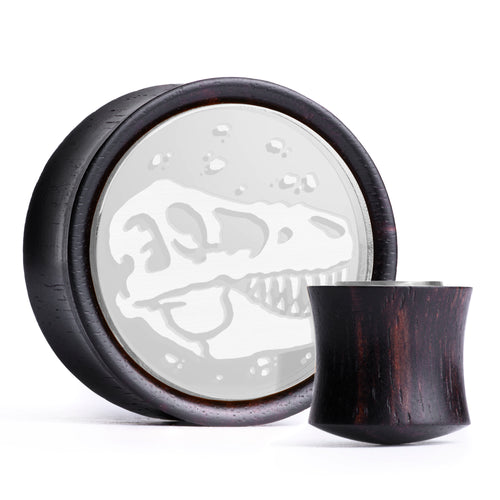 T-Rex Dinosaur Plug / Gauge - Silver Inlay Ebony Wood | Convex Double Flare