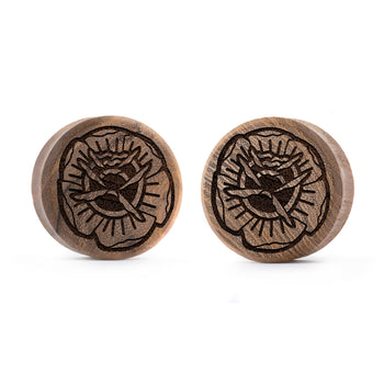 Tattoo Rose Plug / Gauge - Teak Wood | Flat Faced Double Flare