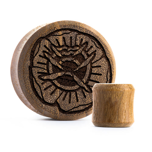 Tattoo Rose Plug / Gauge - Teak Wood | Flat Faced Double Flare