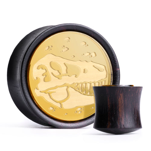 T-Rex Dinosaur Plug / Gauge - Gold Inlay Ebony Wood | Convex Double Flare