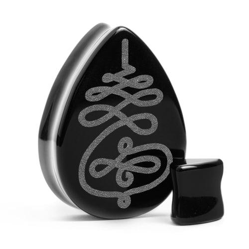 Unalome Plug / Gauge - Teardrop Black Glass | Flat Faced Double Flare