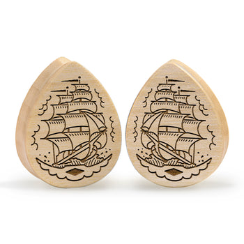 Piratenschiff Plug / Gauge - Tränenkrokodilholz | Doppelaufgeweitet mit flachem Gesicht