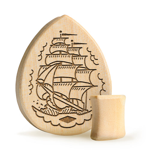 Piratenschiff Plug / Gauge - Tränenkrokodilholz | Doppelaufgeweitet mit flachem Gesicht