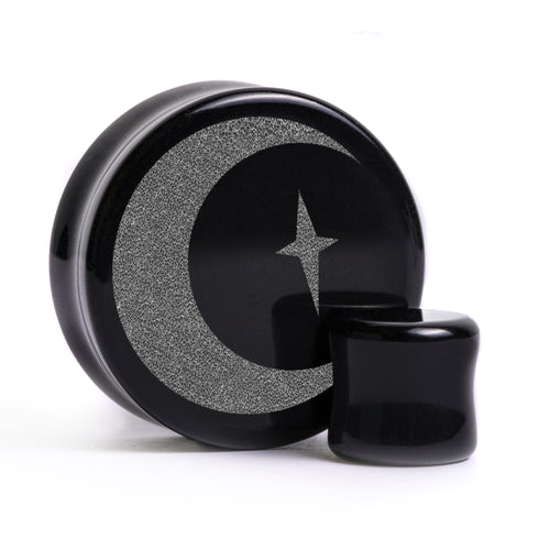 Crescent Moon Plug / Gauge - Black Glass | Flat Faced Double Flare