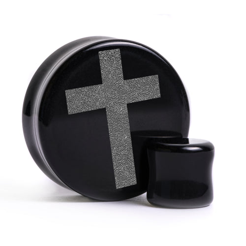 Cross Plug / Gauge - Black Glass | Flat Faced Double Flare