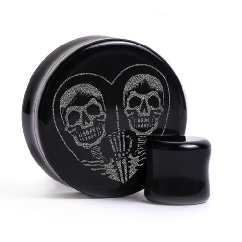 FU2 Heart Skull Plug / Gauge - Black Glass | Flat Faced Double Flare