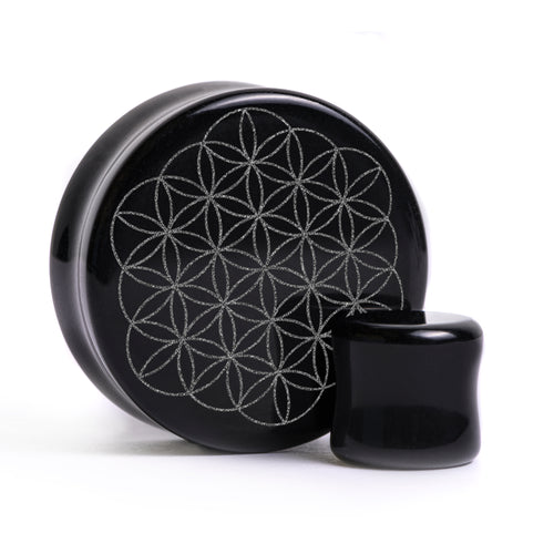 Flower of Life Plug / Gauge - Black Glass | Flat Faced Double Flare