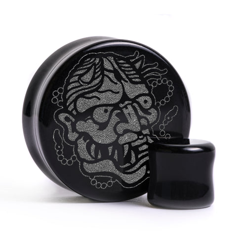 Hannya Mask Plug / Gauge - Schwarzes Glas | Doppelaufgeweitet mit flachem Gesicht