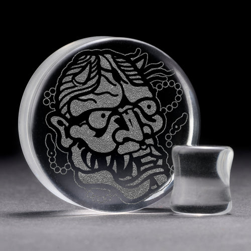 Hannya Mask Plug / Gauge - Clear Glass | Doppelaufgeweitet mit flachem Gesicht