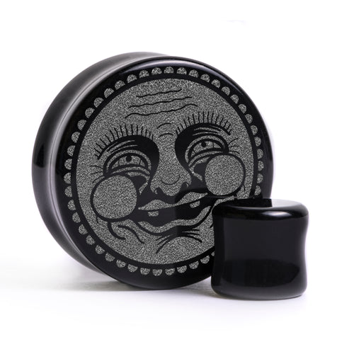 Happy Face Plug / gauge - Schwarzes Glas | Doppelaufgeweitet mit flachem Gesicht