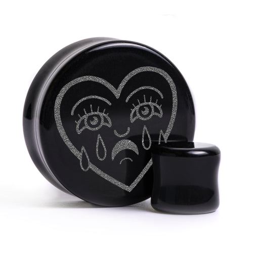 Gebrochener Herzplug / gauge - Schwarzes Glas | Doppelaufgeweitet mit flachem Gesicht