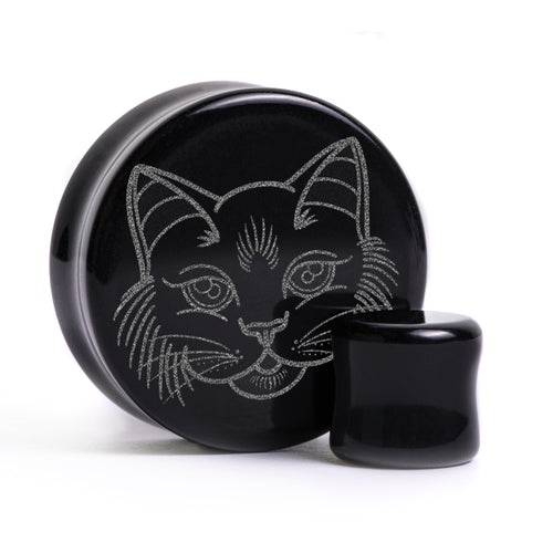 Kitty Cat Plug / Gauge - Black Glass | Flat Faced Double Flare