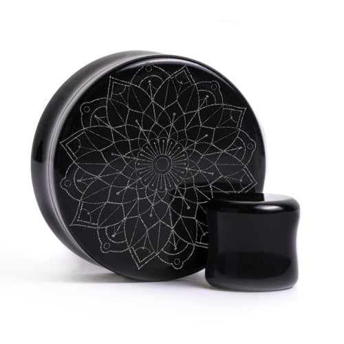 Mandala Plug / gauge - Schwarzes Glas | Doppelaufgeweitet mit flachem Gesicht