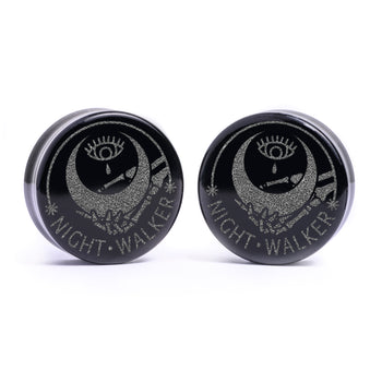 Man wearing awesome salem cat skull acrylic inlay and wood plugs & gauges