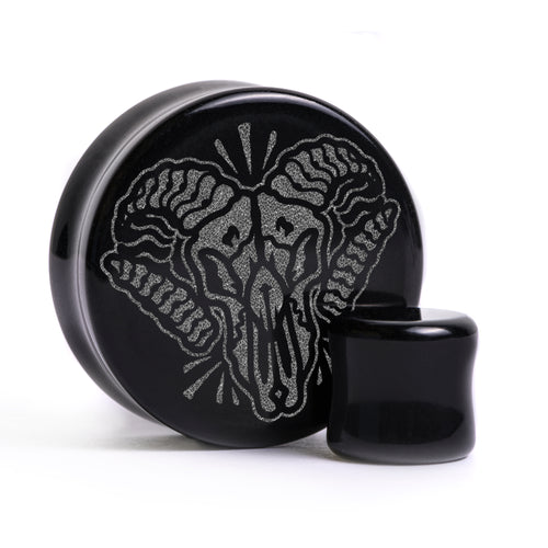 Ram Skull Plug / Gauge - Black Glass | Flat Faced Double Flare