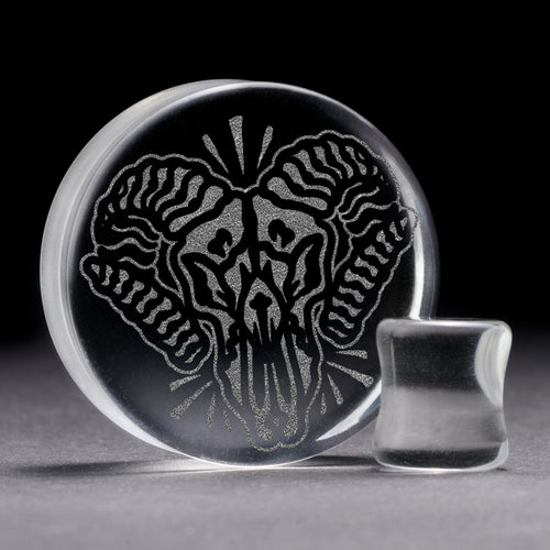 RAM -Schädel Plug / gauge - Clear Glass | Doppelaufgeweitet mit flachem Gesicht