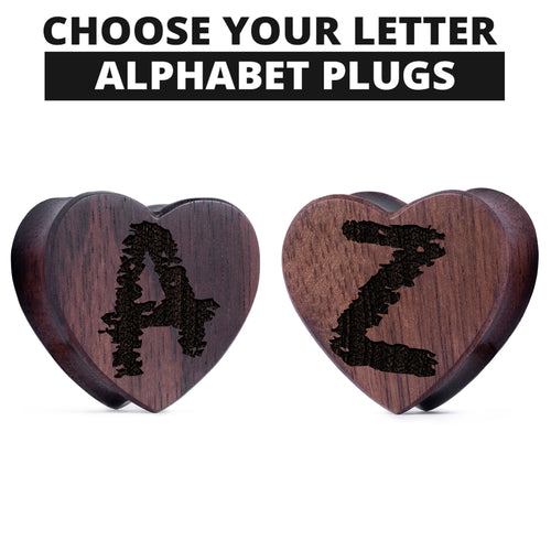 Insert Single Initial Ebony Wood Heart Shaped Plugs / Gauge