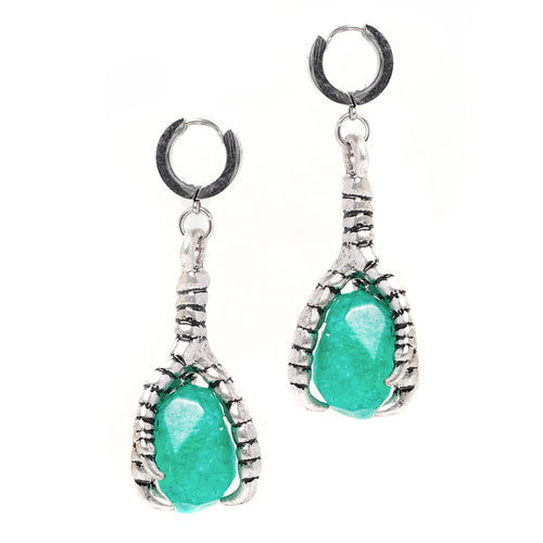 Green Jade & Silver Bird Claw Earrings (Pair)