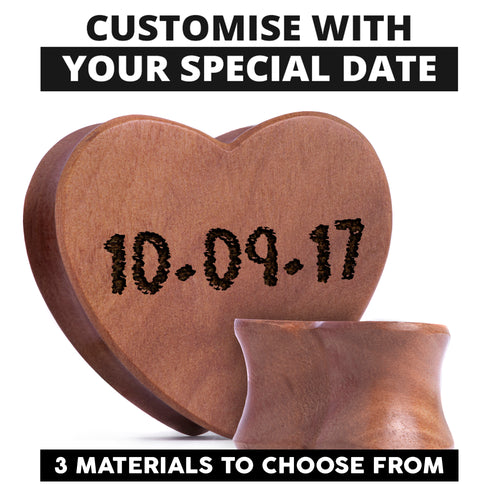 Insert Date Saba Wood Heart Shaped Plugs / Gauge