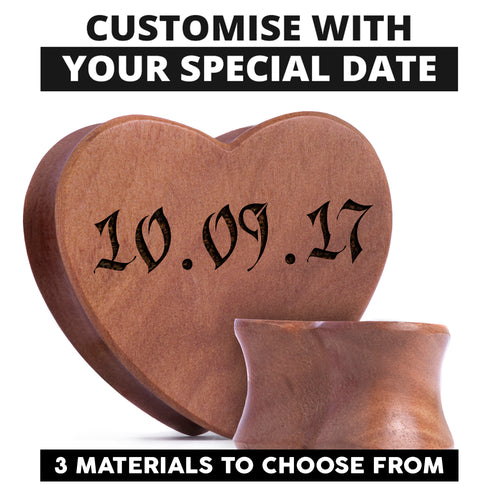 Insert Date Ornate Saba Wood Heart Shaped Plugs / Gauge
