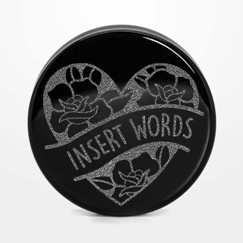 Heart Rose Insert Wörter Plug / gauge - Schwarzes Glas | Doppelaufgeweitet mit flachem Gesicht
