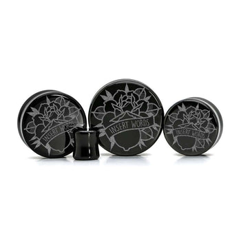 Banner Rose Insert Words Plug / Gauge - Black Glass | Flat Faced Double Flare