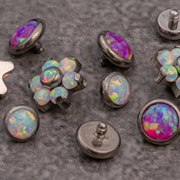 A variety of shaped shiny purple and iridescent dermal anchor piercings on a stone worktop