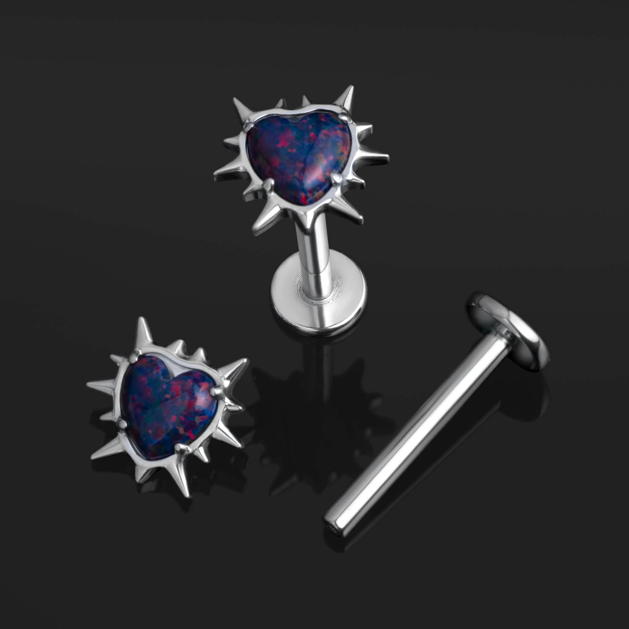 Silver, Spiked Blood Opal Heart, Internally Threaded, Labret Stud, ASTM F136 Titanium