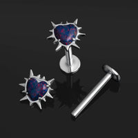 Argent, cœur en opale sanglante à picots, filetage interne, clou labret, titane ASTM F136