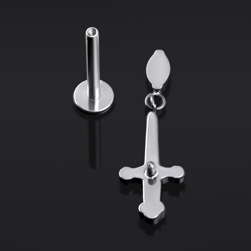 Labret clou, argent, pendentif épée avec pierre rouge, filetage interne, titane, calibre 1,2 mm