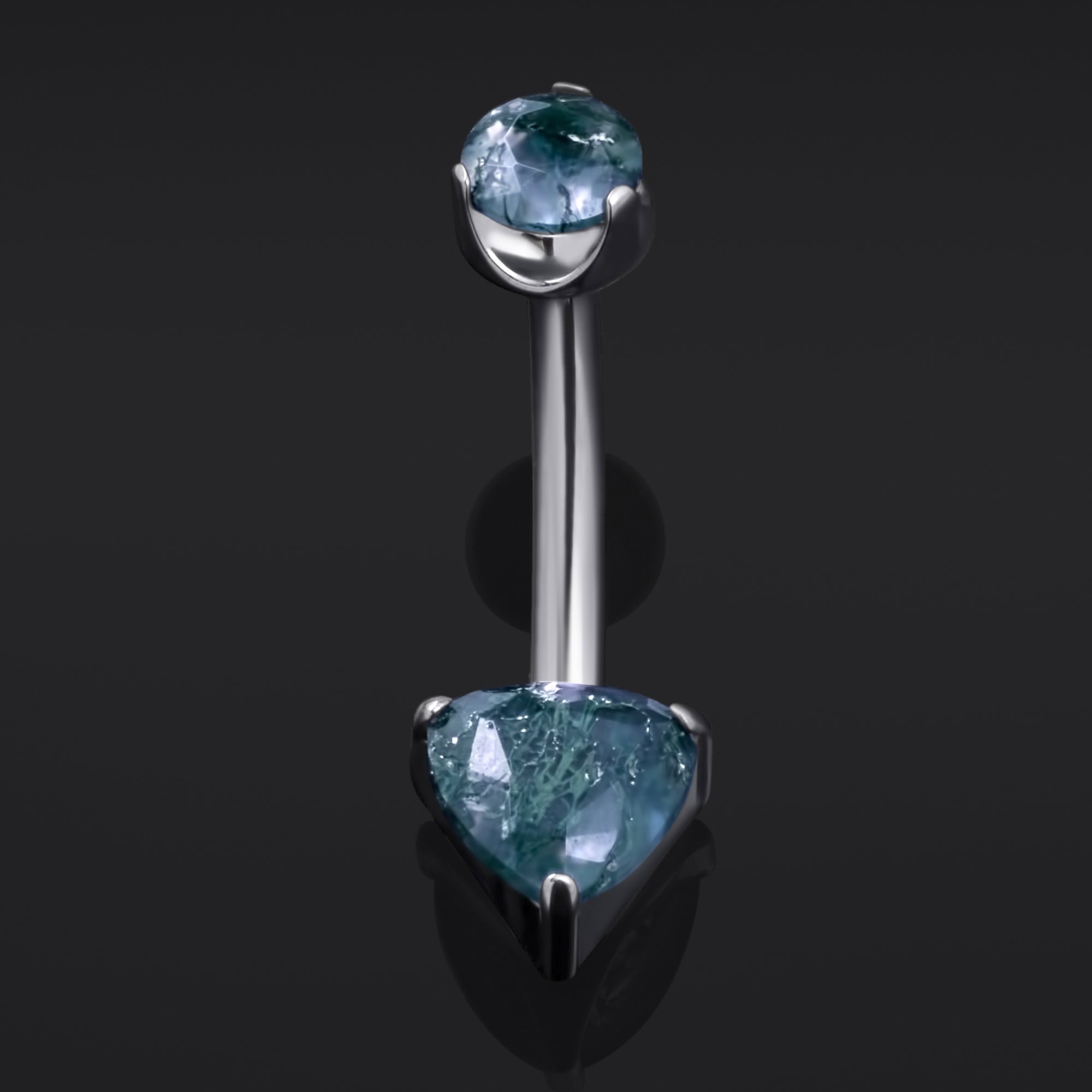 Belly Bar, Silver, Double Moss Agate Stone, Internal Thread, Titanium, 1.6mm Gauge