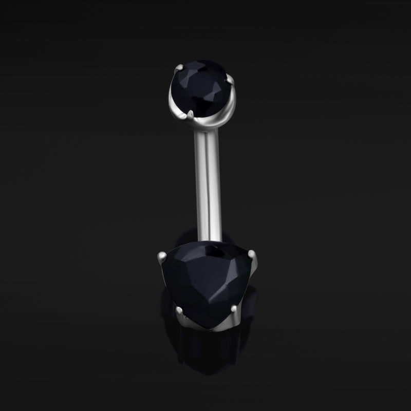 Barre de nombril, argentée, double pierre onyx noir, filetage interne, titane, calibre 1,6 mm