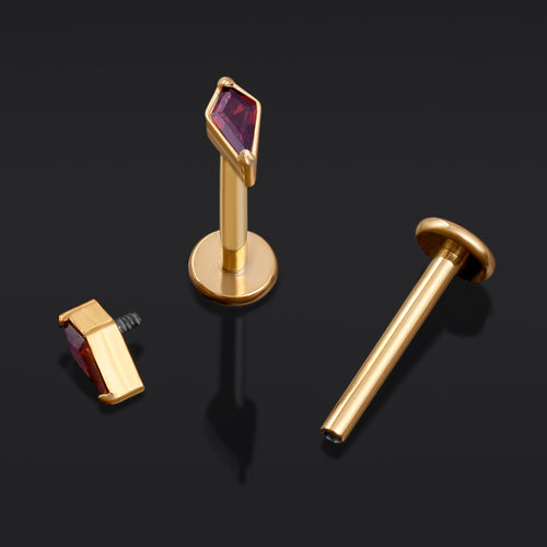 Gold Rhombus Cut Red CZ Stone Internally Threaded Titanium Labret Stud 1.2mm Gauge