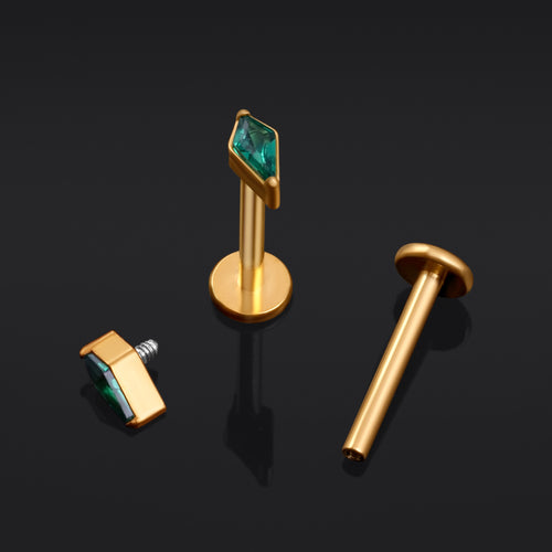 Gold Rhombus Cut Green CZ Stone Internally Threaded Titanium Labret Stud 1.2mm Gauge