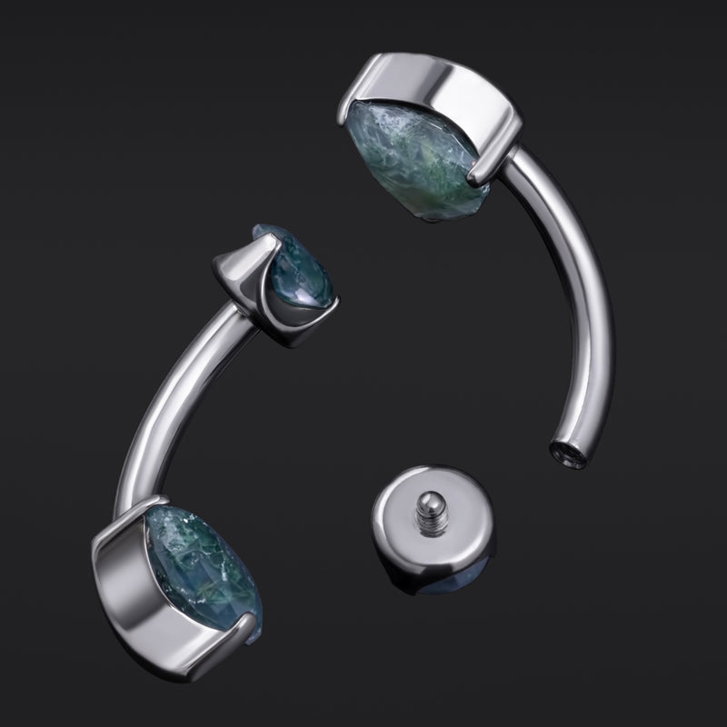 Belly Bar, Silver, Double Moss Agate Stone, Internal Thread, Hypoallergenic Titanium, 1.6mm Gauge