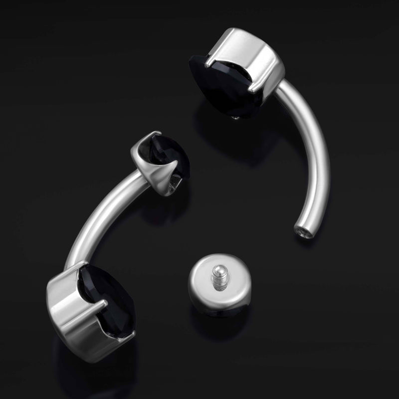Barre de nombril, argentée, double pierre onyx noir, filetage interne, titane, calibre 1,6 mm