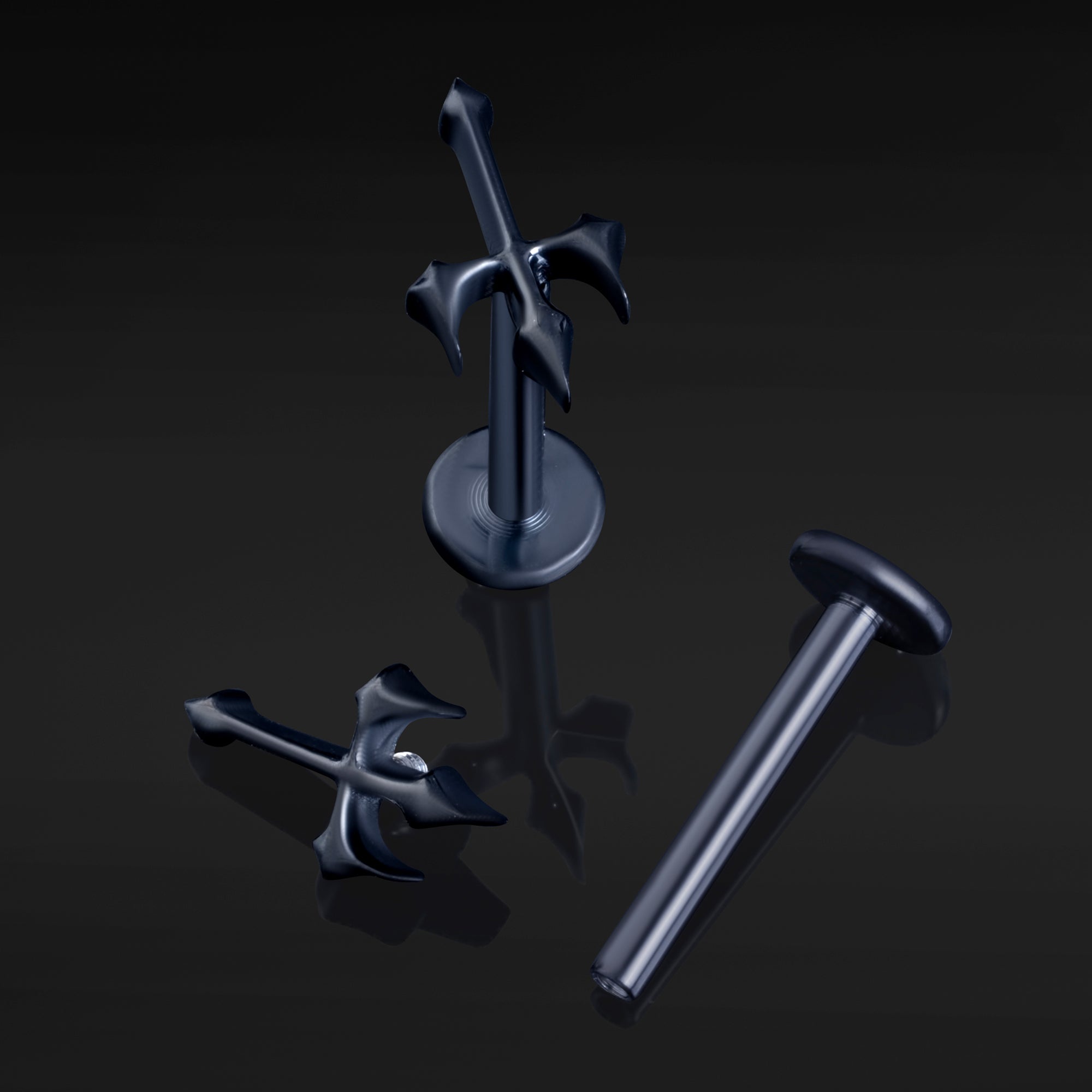 Black, Gothic Inverted Cross, Internally Threaded, Labret Stud, ASTM F136 Titanium
