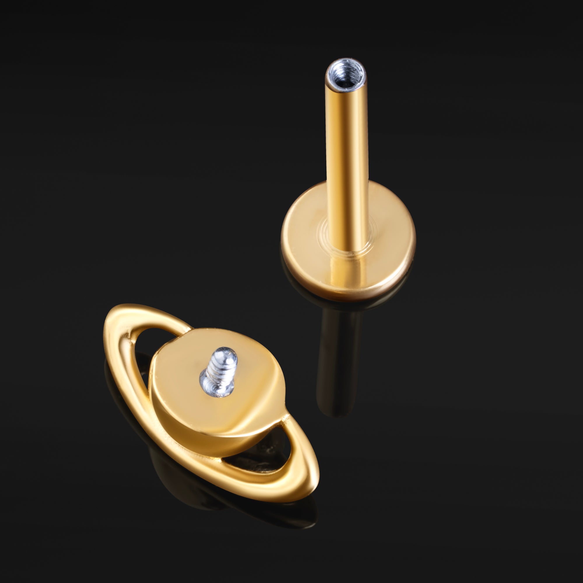 Gold, Saturn Planet, Internally Threaded, Labret Stud, ASTM F136 Titanium
