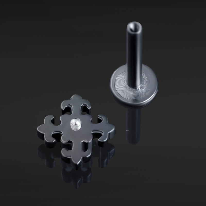 Noir, croix gothique ornée, filetage interne, barre labret, titane ASTM F136