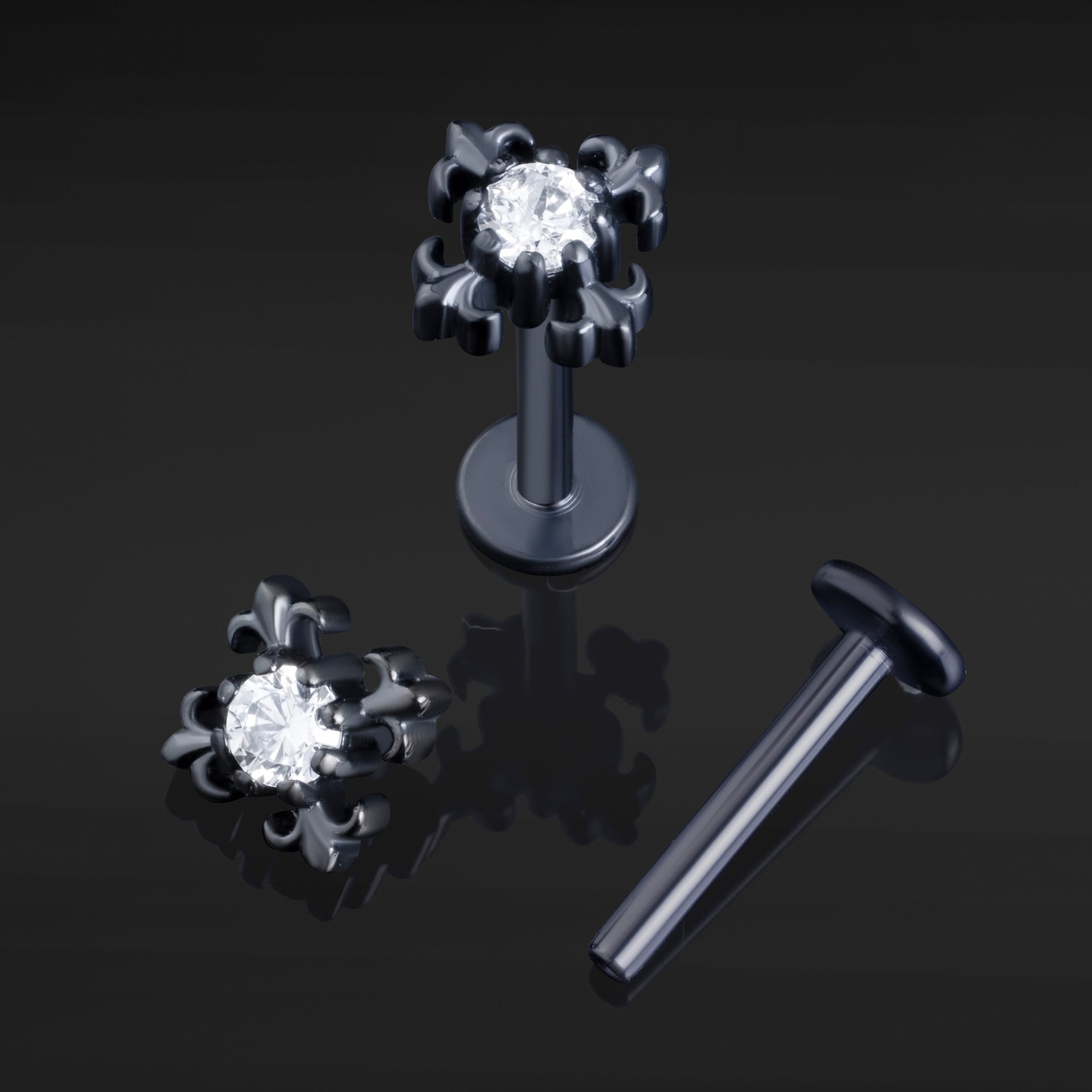 Black, Gothic Ornate Cross, Internally Threaded, Labret Stud, ASTM F136 Titanium