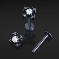 Noir, croix gothique ornée, filetage interne, barre labret, titane ASTM F136