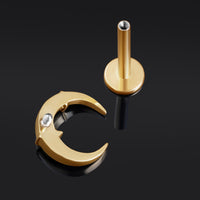 Or, lune croissante et étoiles, filetage interne, labret, titane ASTM F136