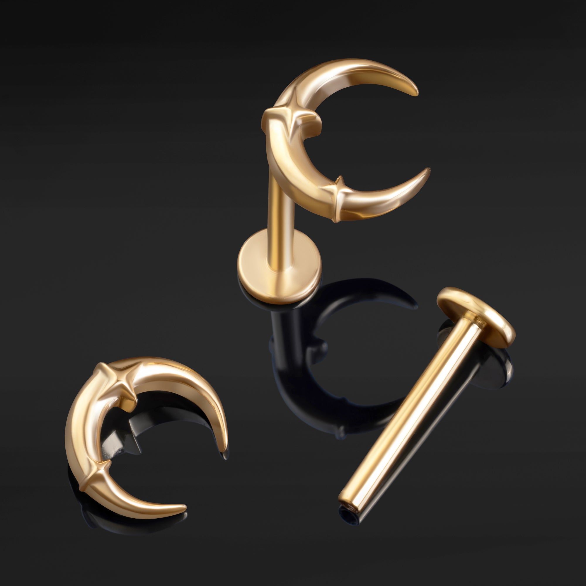 Gold, Crescent Moon and Stars, Internally Threaded, Labret Stud, ASTM F136 Titanium