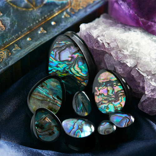 Abalone & Black Steel Teardrop Plug / Gauge