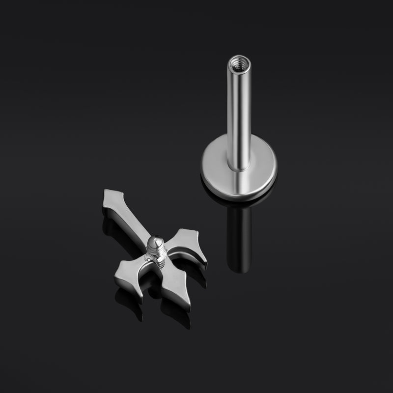 Argent, croix inversée gothique, à filetage interne, labret, titane ASTM F136