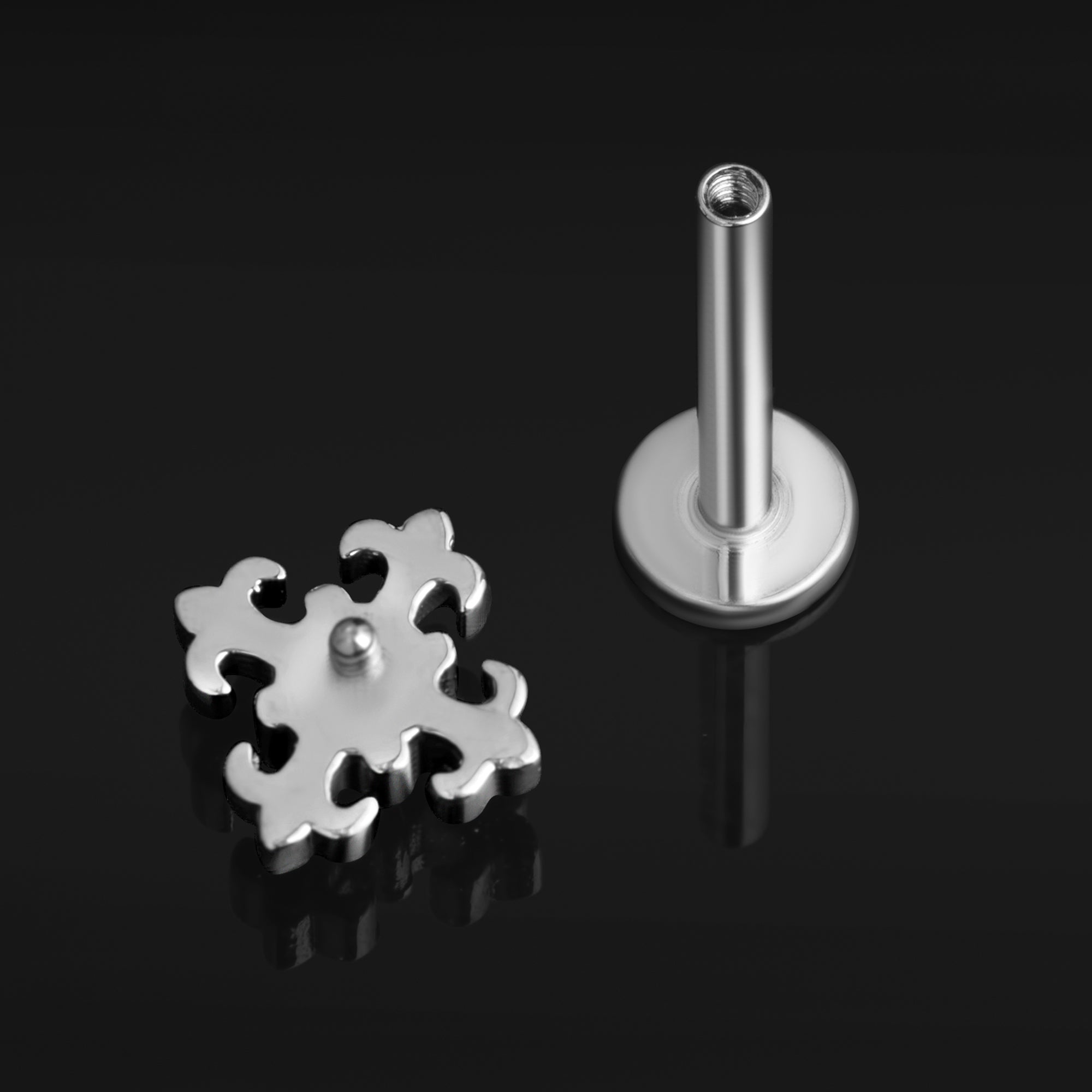 Silver, Gothic Ornate Cross, Internally Threaded, Labret Stud, ASTM F136 Titanium