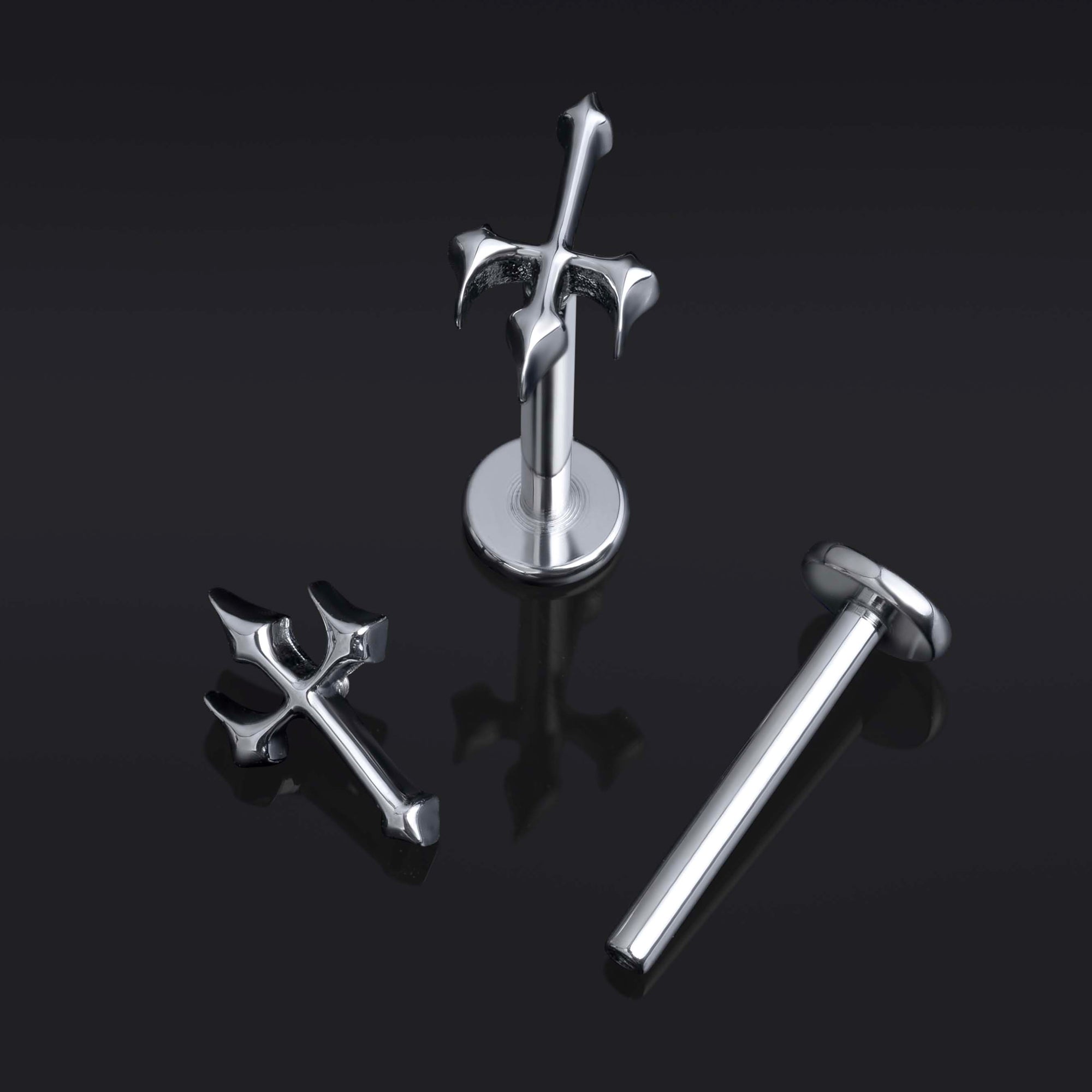 Silver, Gothic Inverted Cross, Internally Threaded, Labret Stud, ASTM F136 Titanium