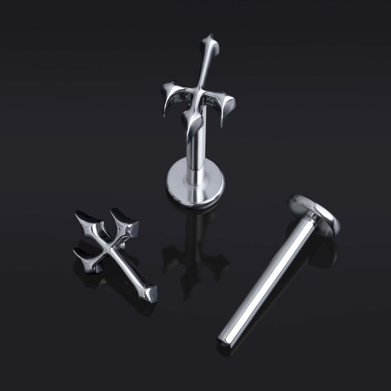 Argent, croix inversée gothique, à filetage interne, labret, titane ASTM F136