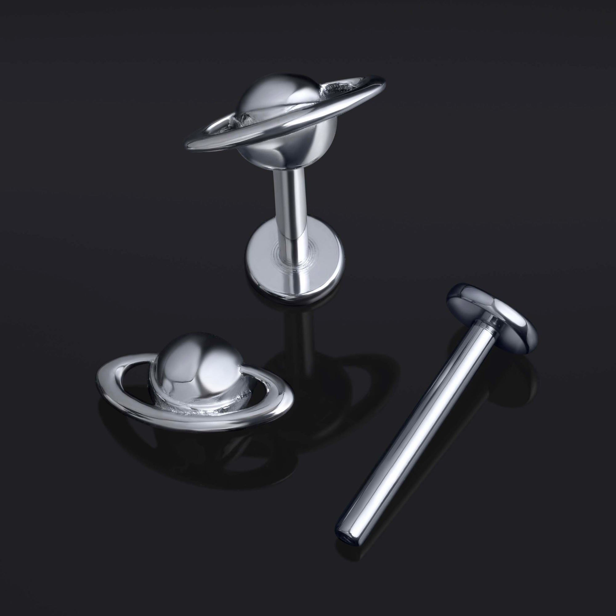 Silver, Saturn Planet, Internally Threaded, Labret Stud, ASTM F136 Titanium